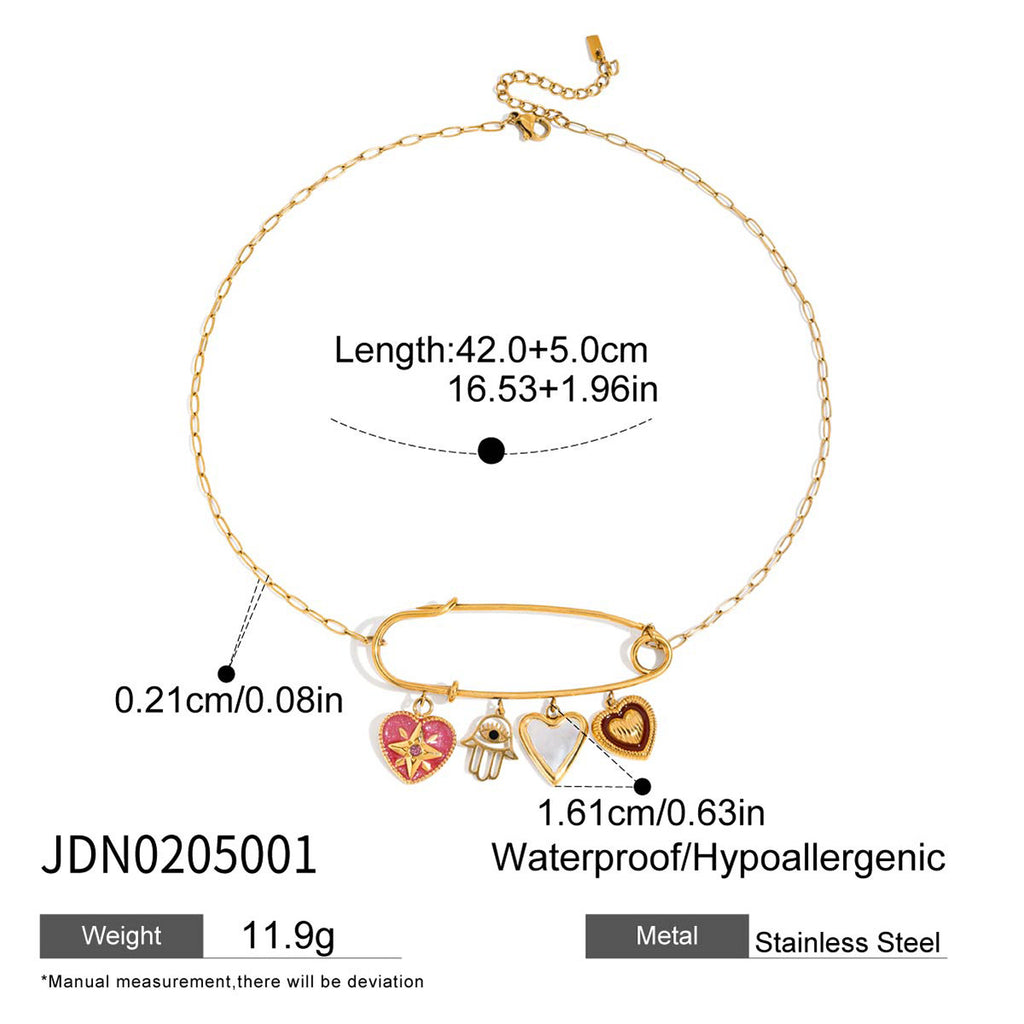 Safety-pin charm necklace with chain and charm measurements