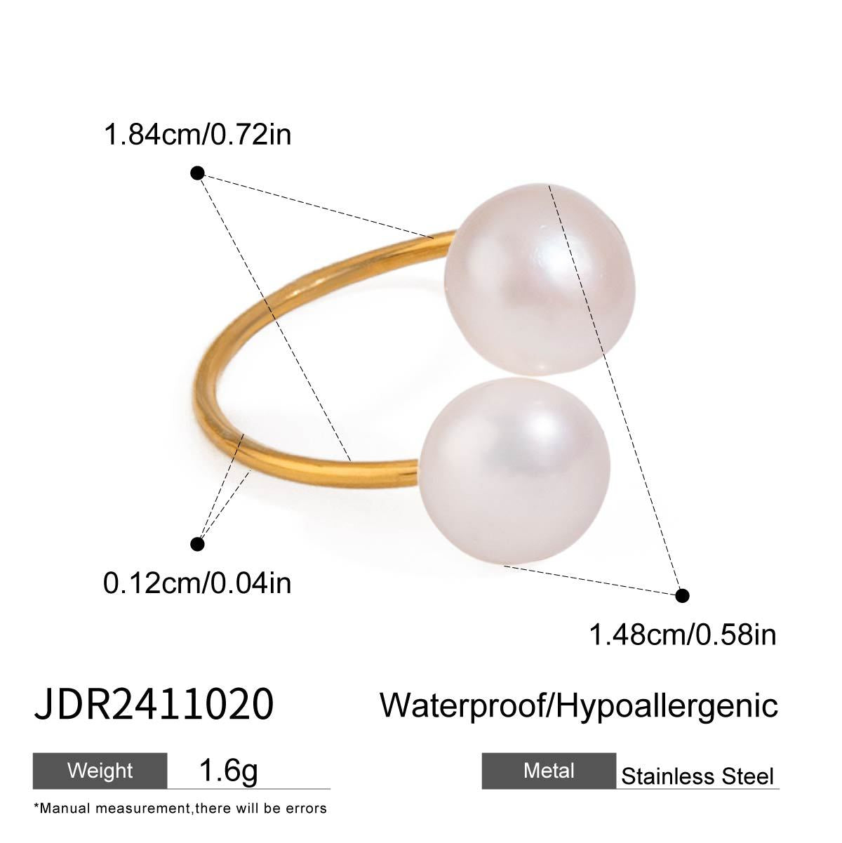 Double pearl open ring dimensions and material detail