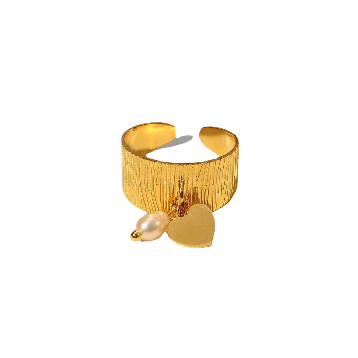 Front view of the heart charm and white bead on the open stainless steel ring