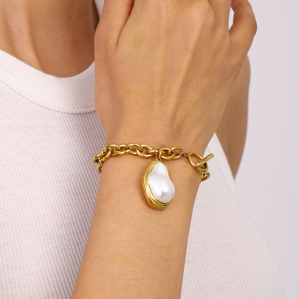 Gold Plated Stainless Steel Pearl-Look Charm Bracelet Collection – styled view