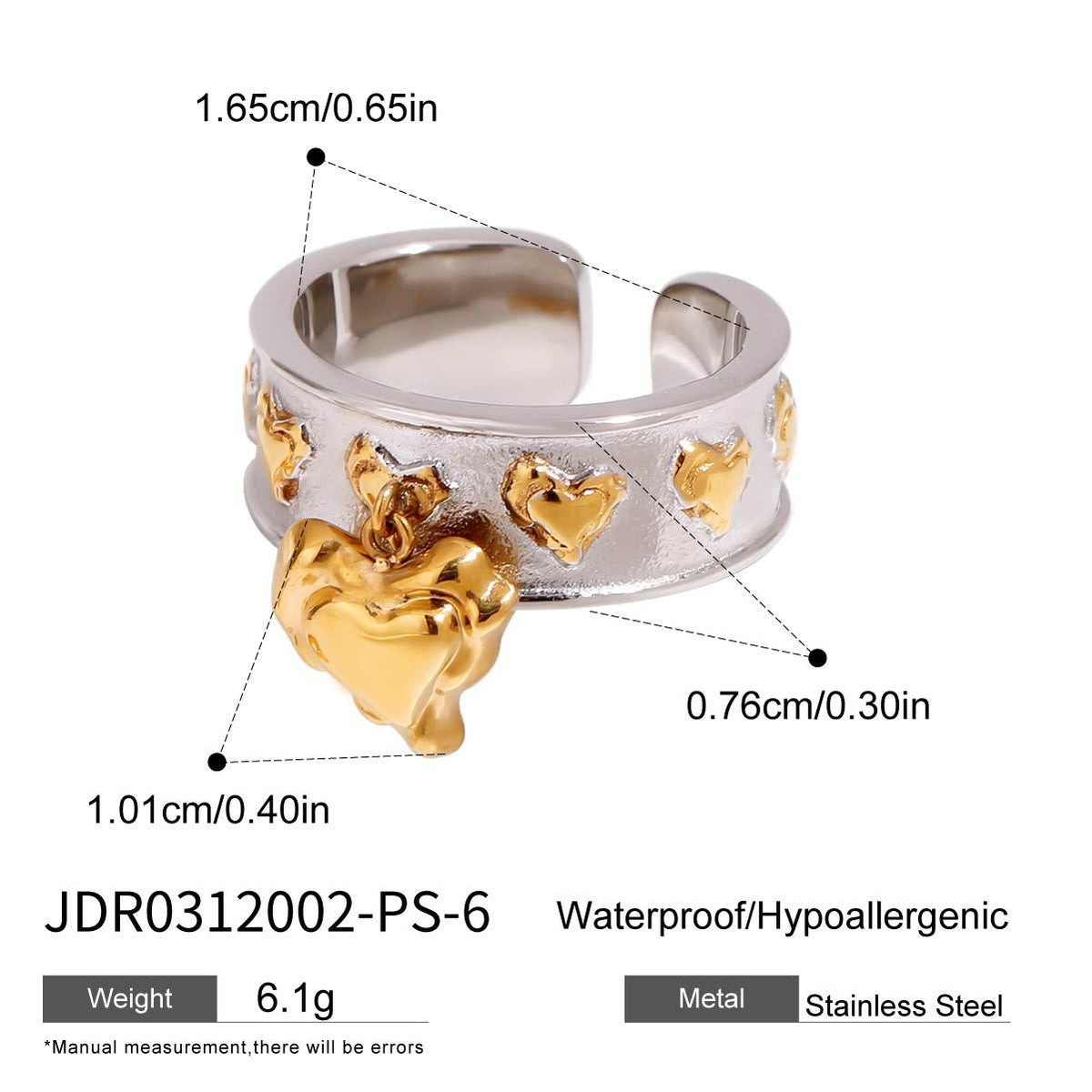 Heart Stainless Steel Ring and Stud Earring Collection in Mixed Finishes – detail view