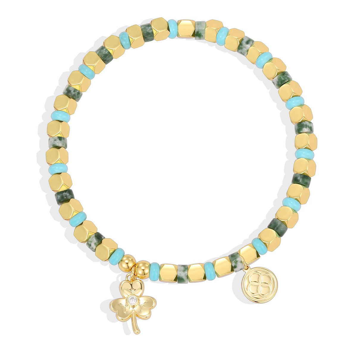 isolated clover charm bracelet with green blue and gold cube beads