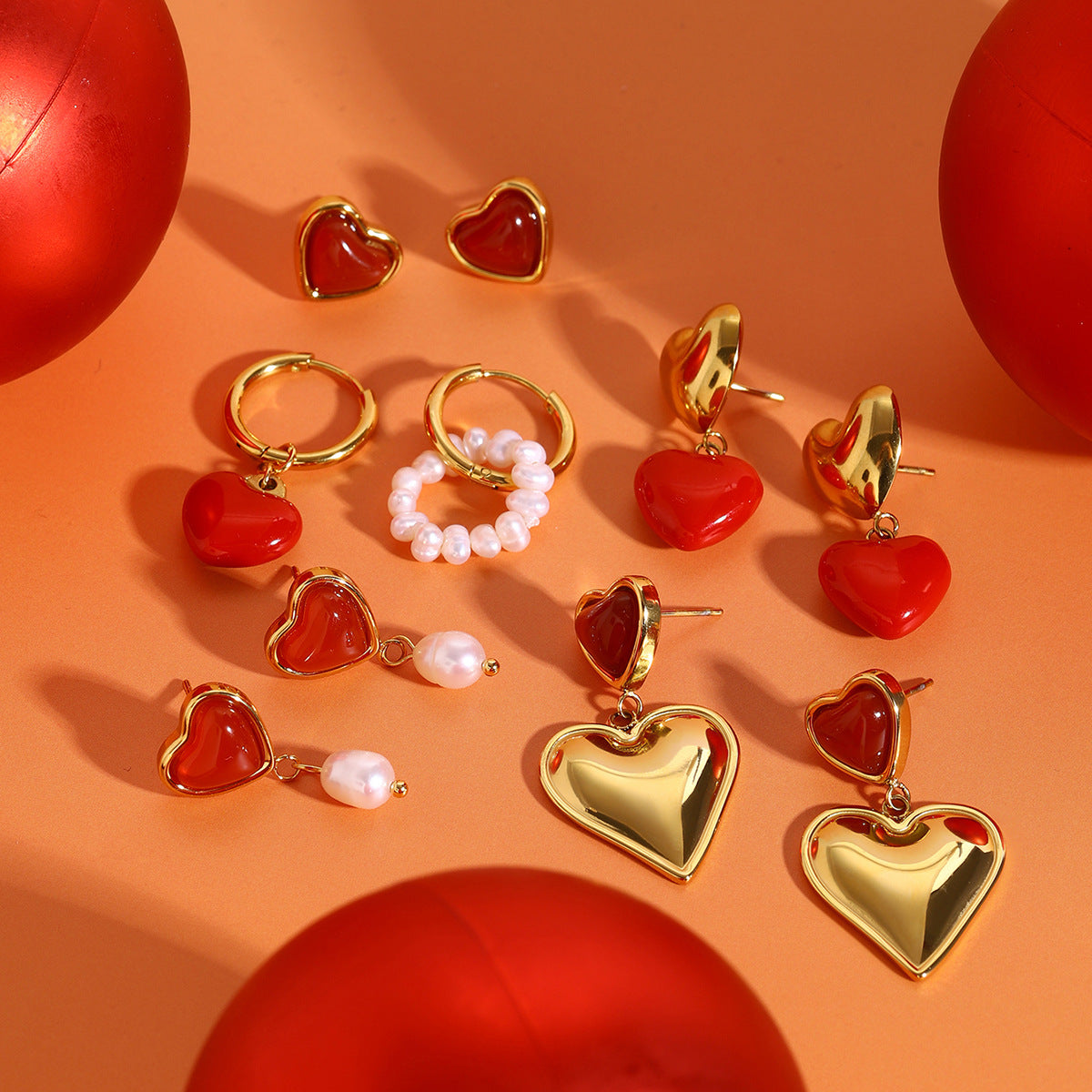 Gold-Tone Red Heart Stainless Steel Earring Collection — wholesale view 3