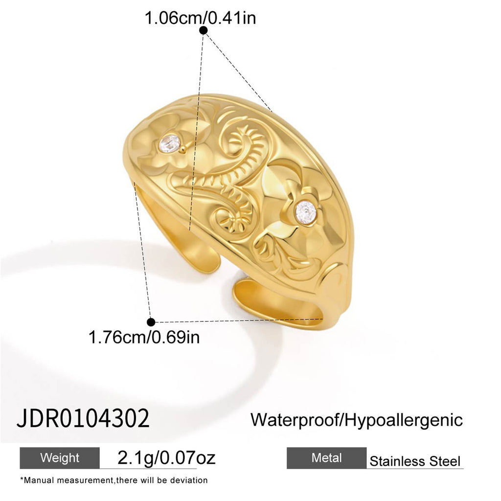 Tapered scroll ring with two clear accents and dimensions
