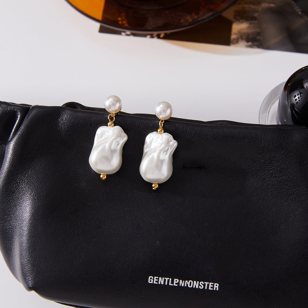 Wholesale Gold-Tone Stainless Steel Imitation Baroque Pearl Drop Earrings - side profile
