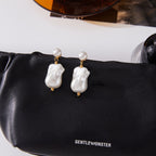 Wholesale Gold-Tone Stainless Steel Imitation Baroque Pearl Drop Earrings - side profile