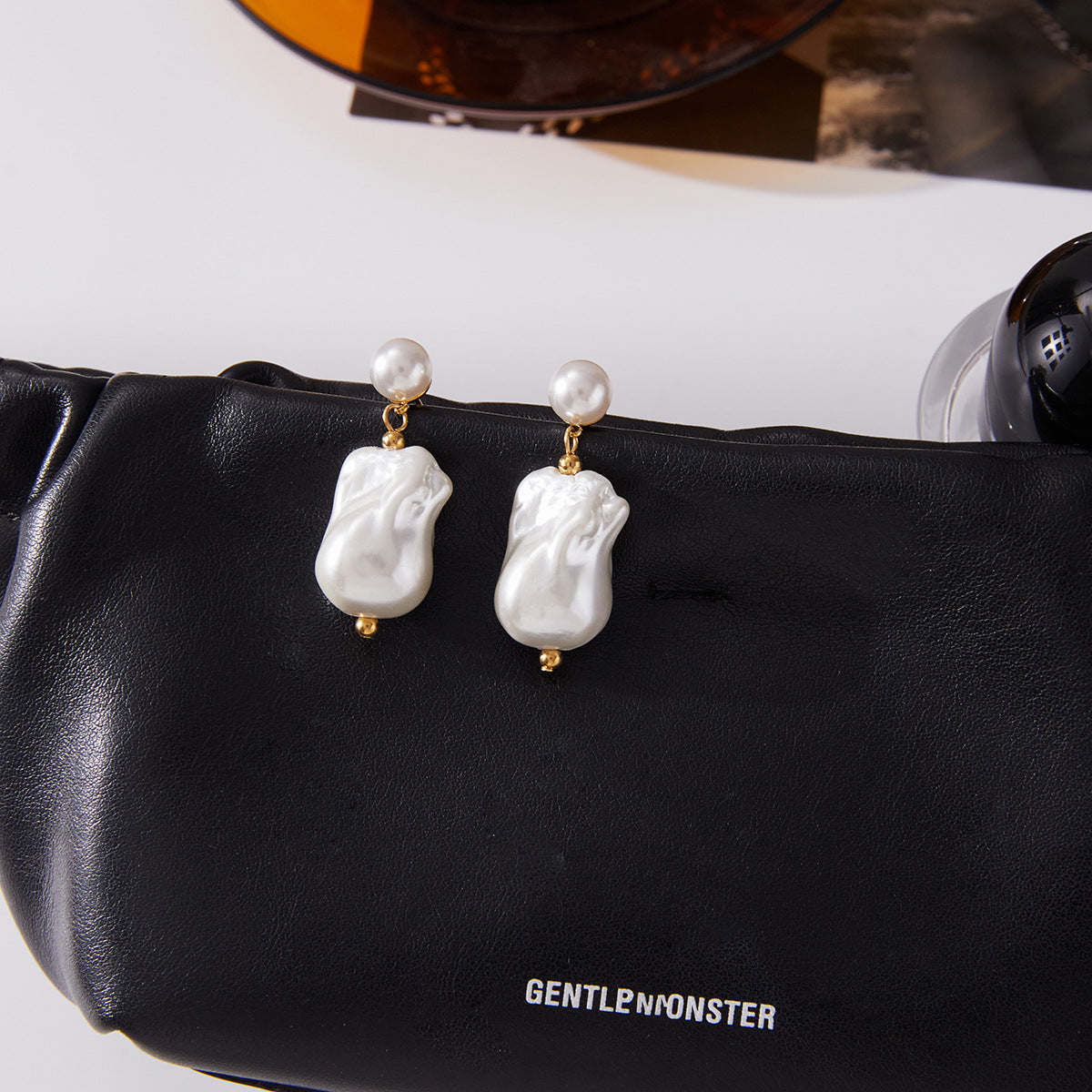Wholesale Gold-Tone Stainless Steel Imitation Baroque Pearl Drop Earrings - side profile