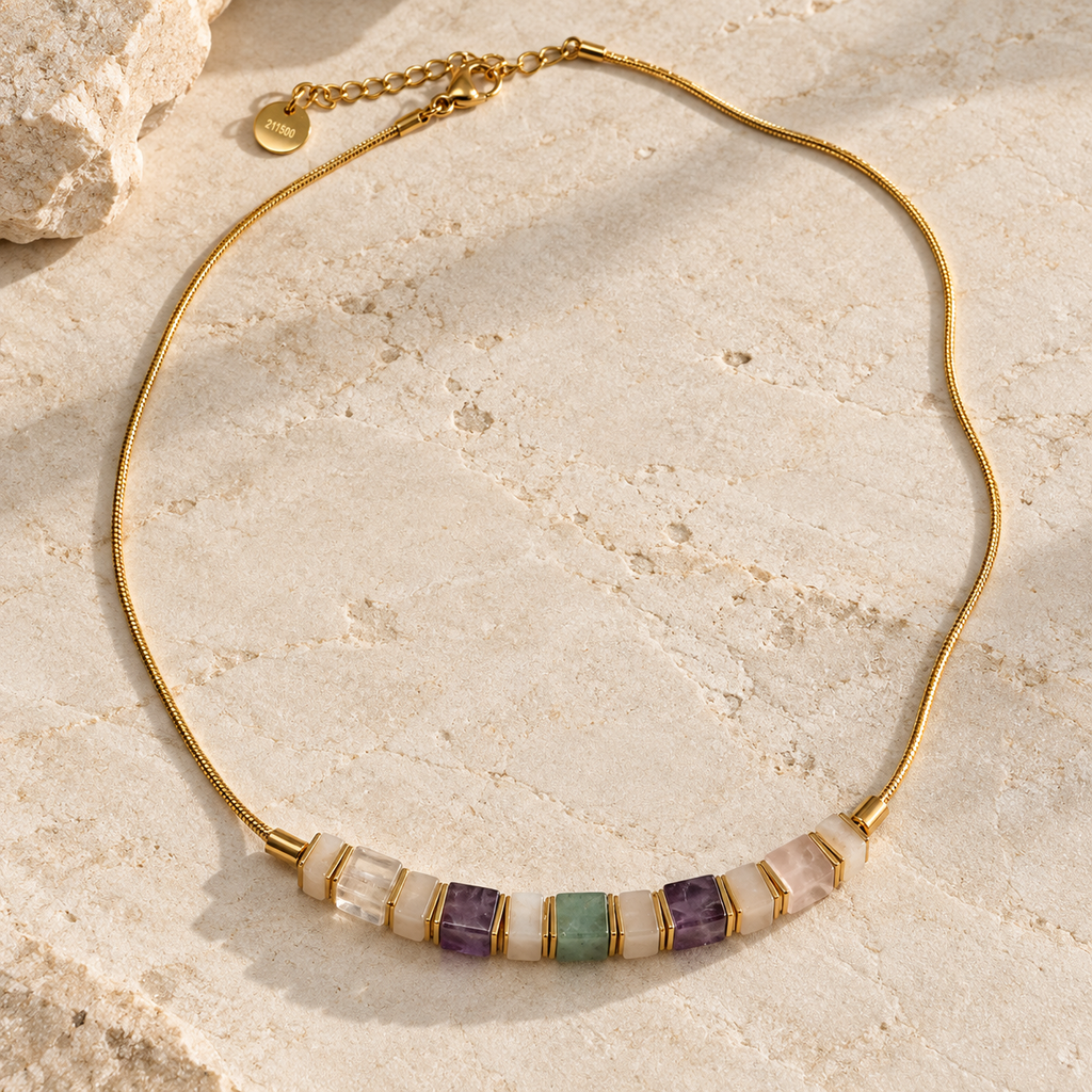 Gold plated 316L stainless steel snake chain necklace with multicolor natural stone beads on pale stone