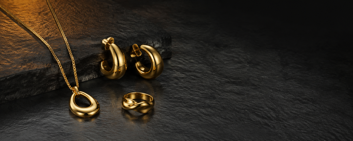 Gold plated jewelry arranged to illustrate PVD finish options