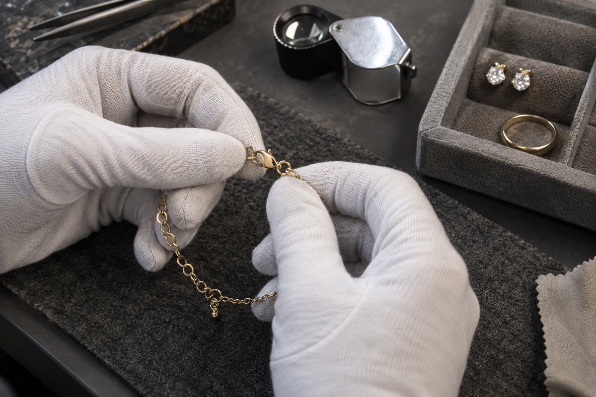 Illustrative gloved inspection of a jewelry sample clasp beside a tray and loupe