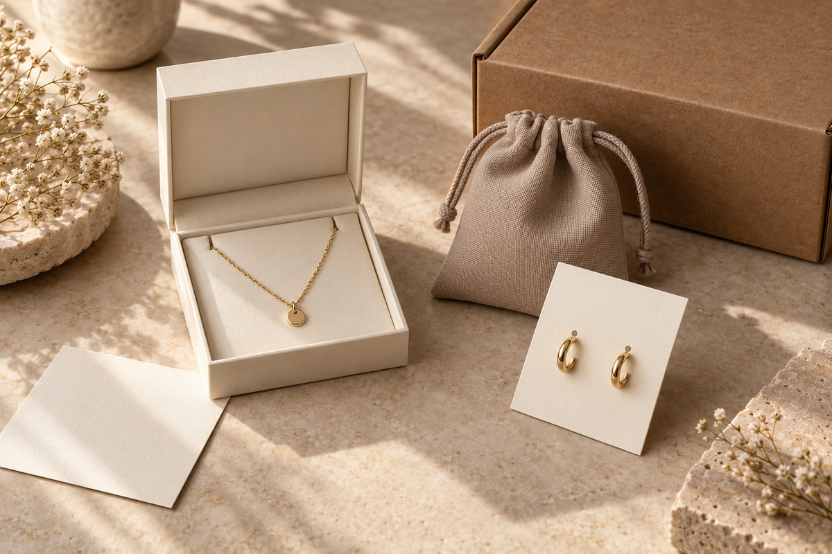 Illustrative jewelry packaging set with an ivory box, fabric pouch and earring card