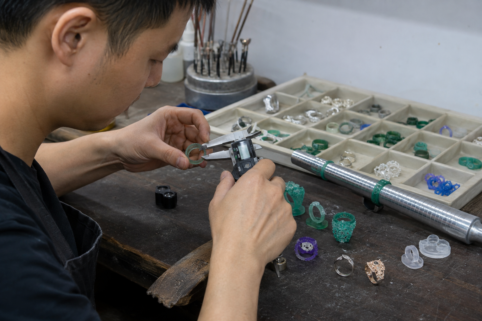 Illustrative close inspection and measurement of a jewelry component