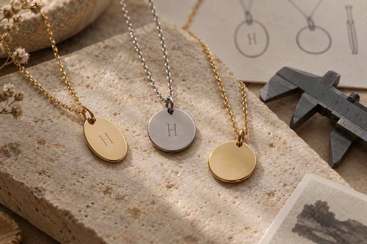 Illustrative engraved metal tags and necklace pendants for custom jewelry branding
