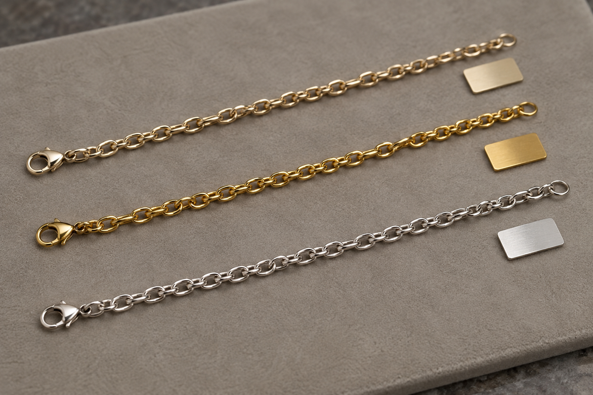 Illustrative comparison of three matching bracelet samples in different metal finishes