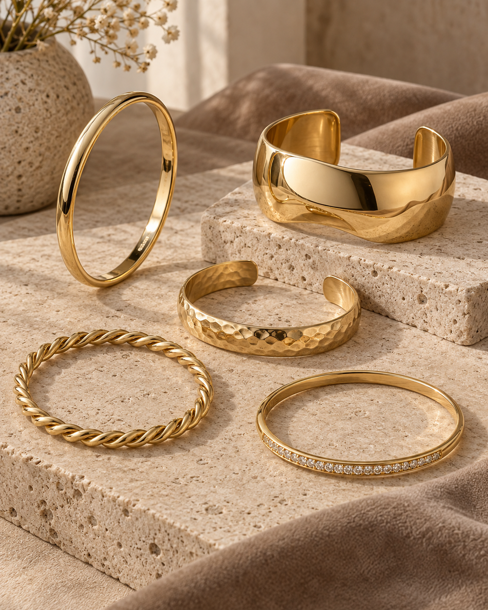 Five gold plated bangles and cuffs with smooth, hammered, twisted and stone-set finishes on travertine