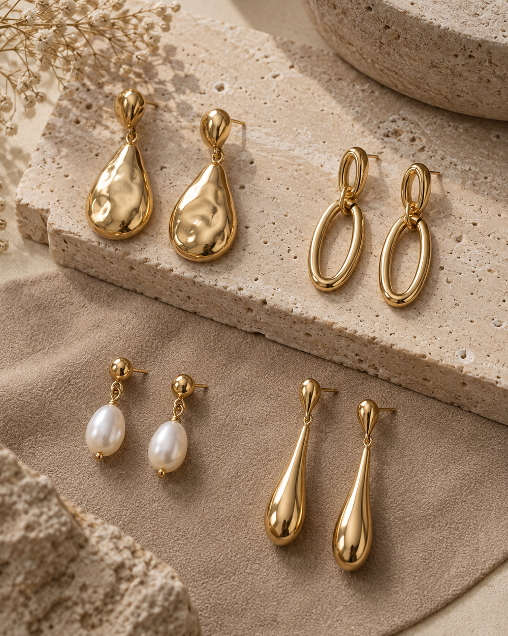 Four pairs of gold plated drop earrings with pearl, oval and teardrop designs arranged on warm travertine