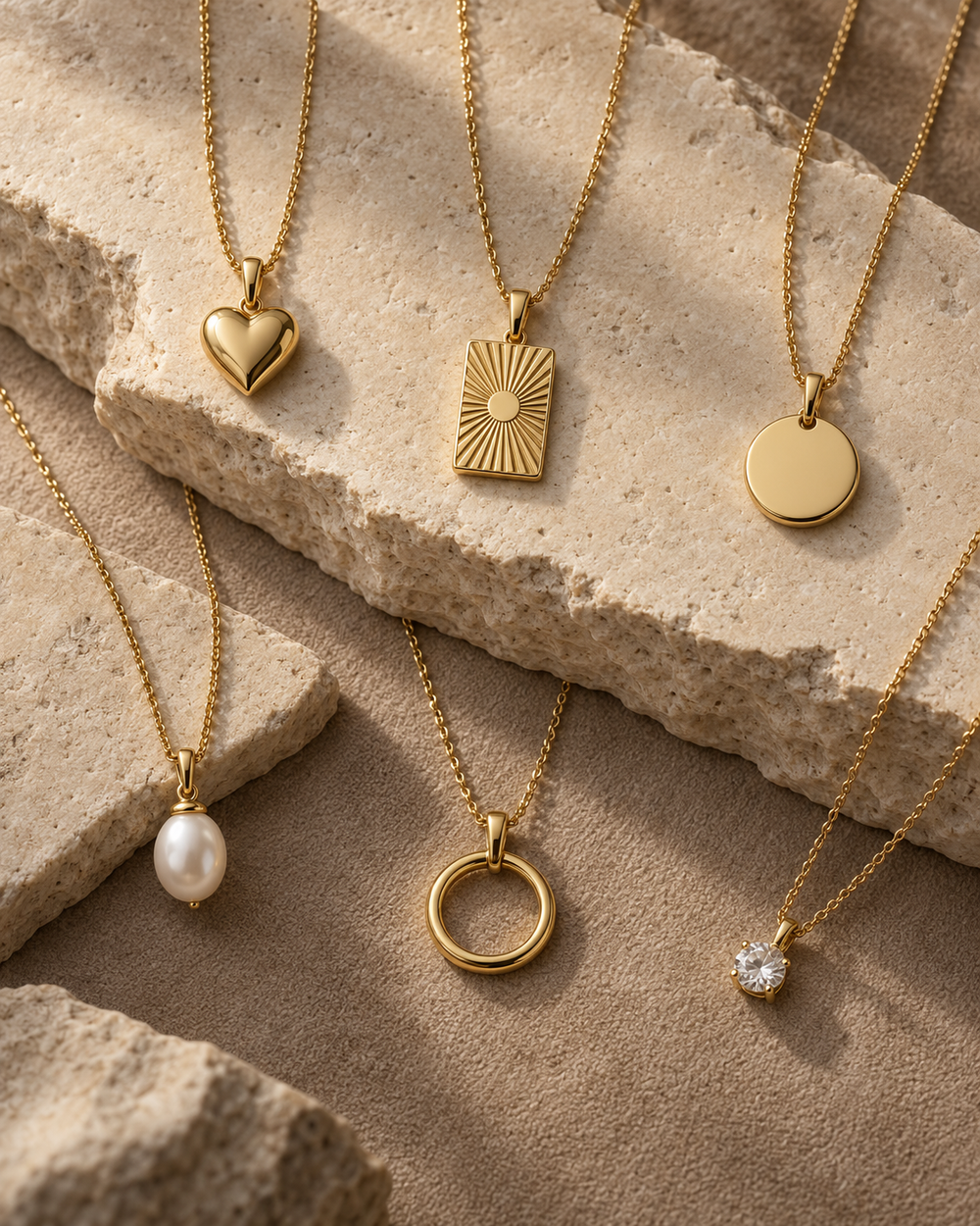 Six gold plated pendant necklace designs arranged on warm limestone and taupe suede
