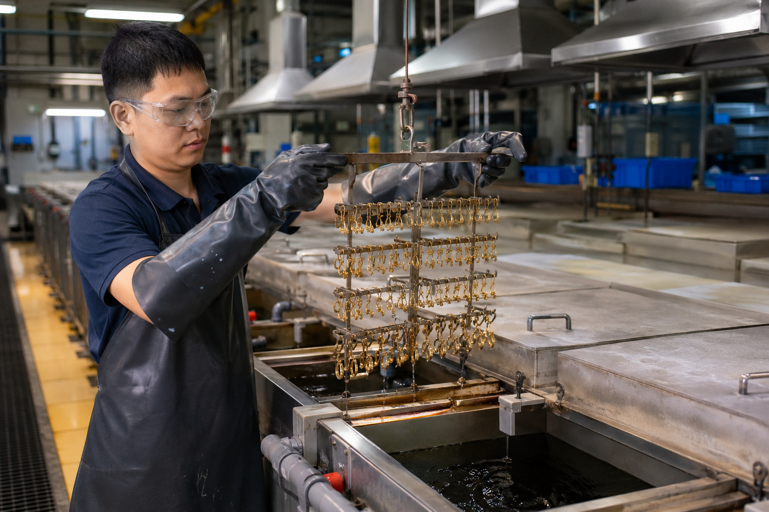 Illustrative electroplating process with a rack of jewelry components