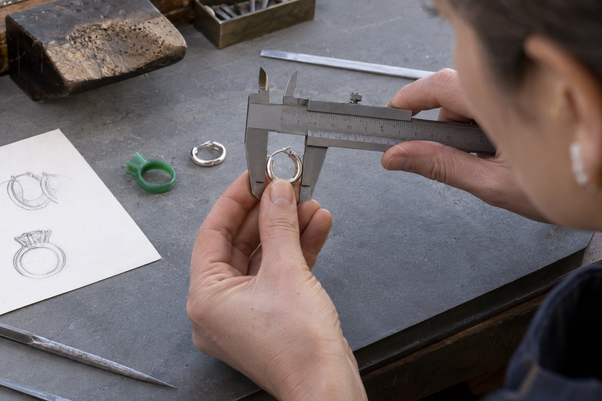 Illustrative jewelry sample technician measuring a hoop earring with calipers