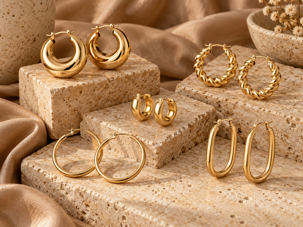 Smooth and twisted gold tone hoop earrings