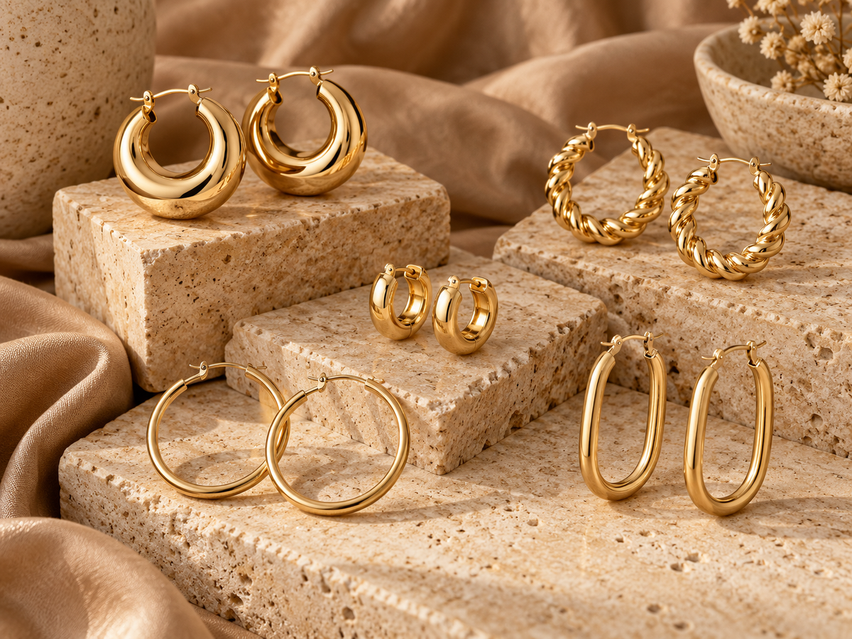 Gold plated smooth, twisted, oval and huggie hoop earring collection on travertine