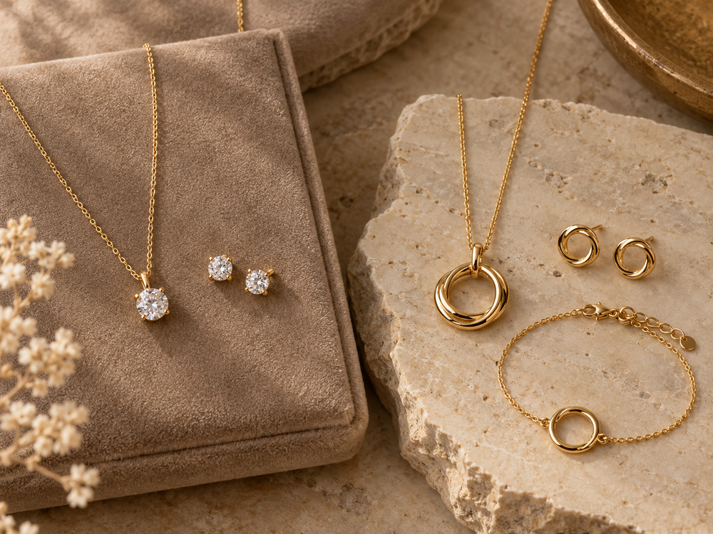Coordinated necklaces and earrings on neutral display pads