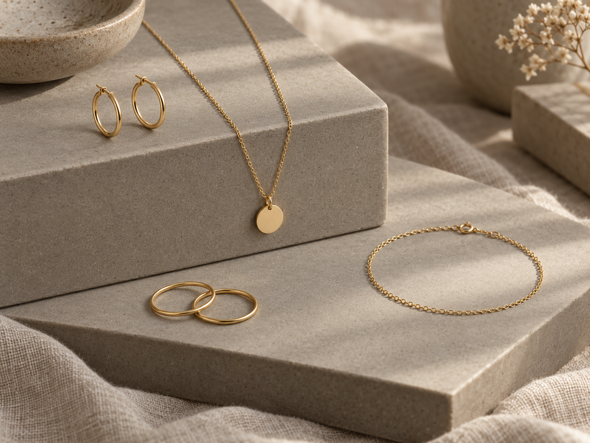 Minimalist gold plated hoops, pendant necklace, slim rings and chain bracelet on warm stone