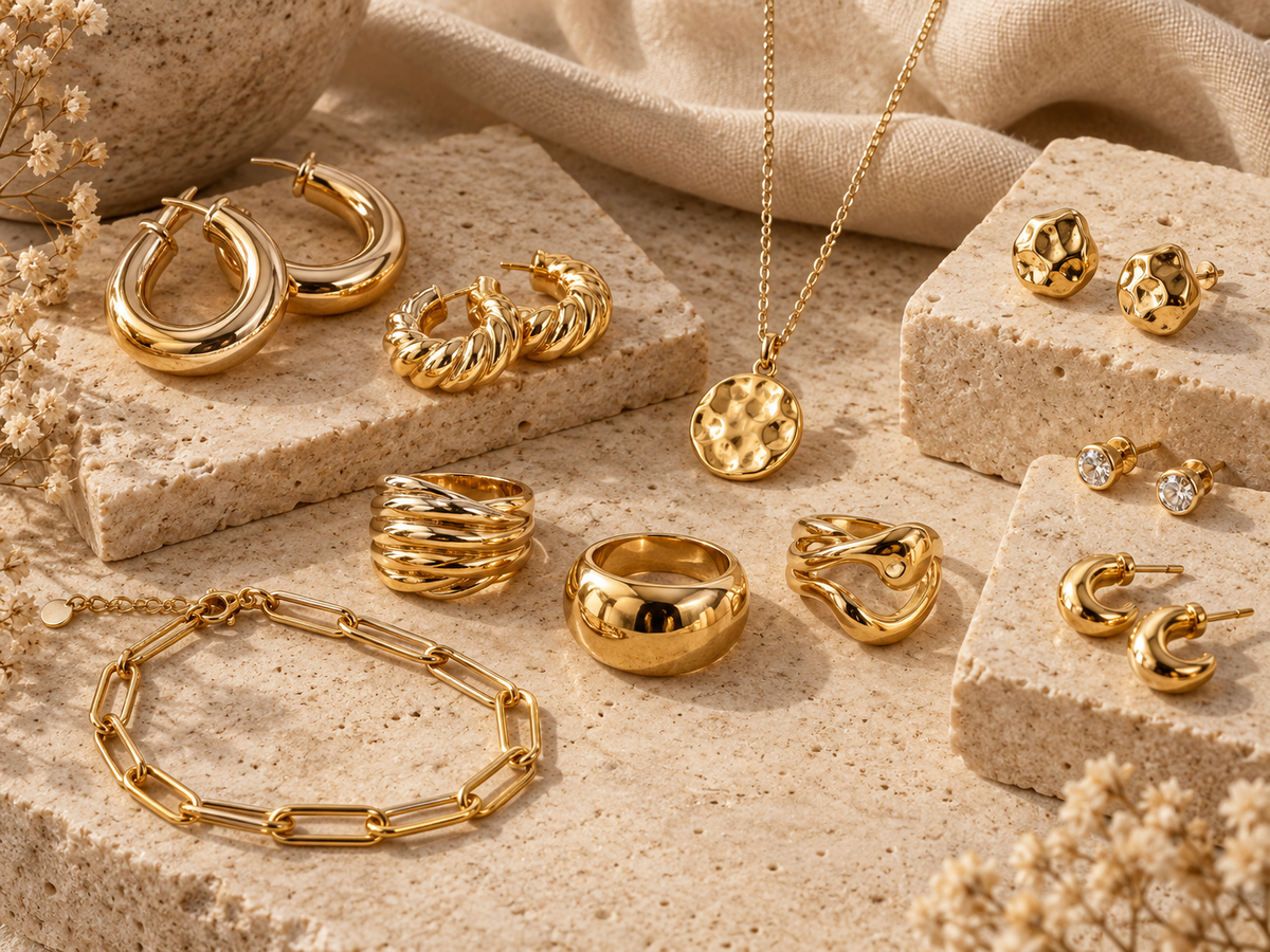 Gold plated earrings, rings, pendant necklace and bracelet arranged on warm limestone