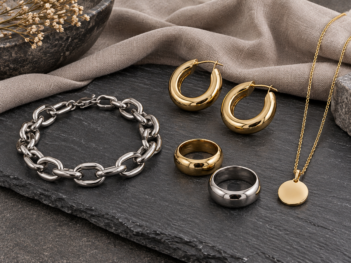Silver tone chain bracelet with gold tone hoops, rings and a pendant on dark slate