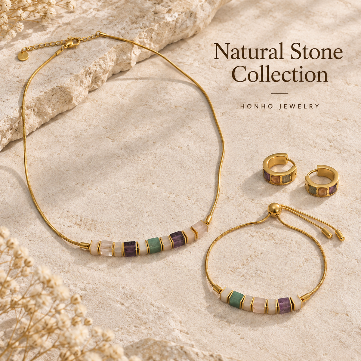 Coordinated natural stone necklace, bracelet and huggie earrings in a gold plated finish; items sold separately