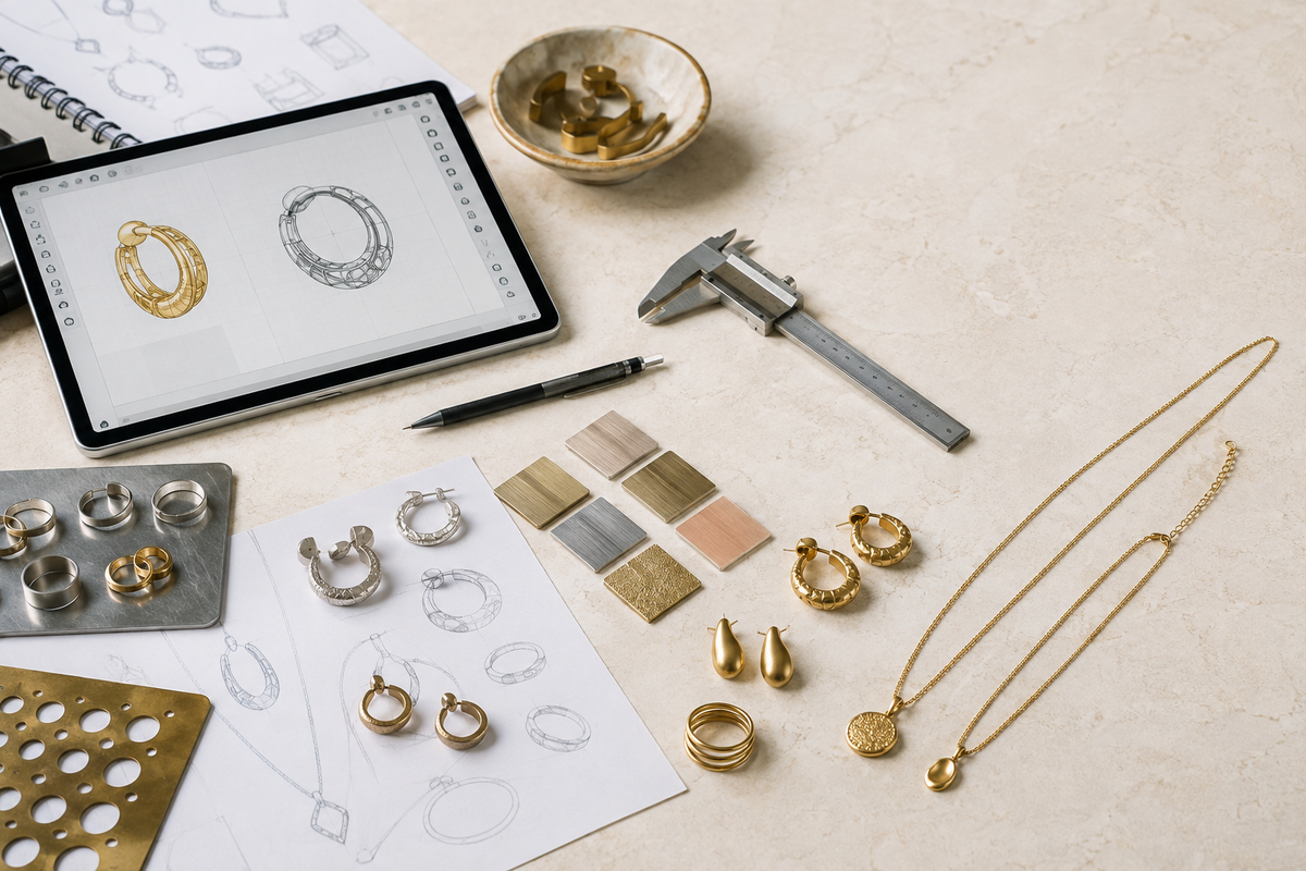 Jewelry development concept with CAD drawings, metal samples and measuring tools