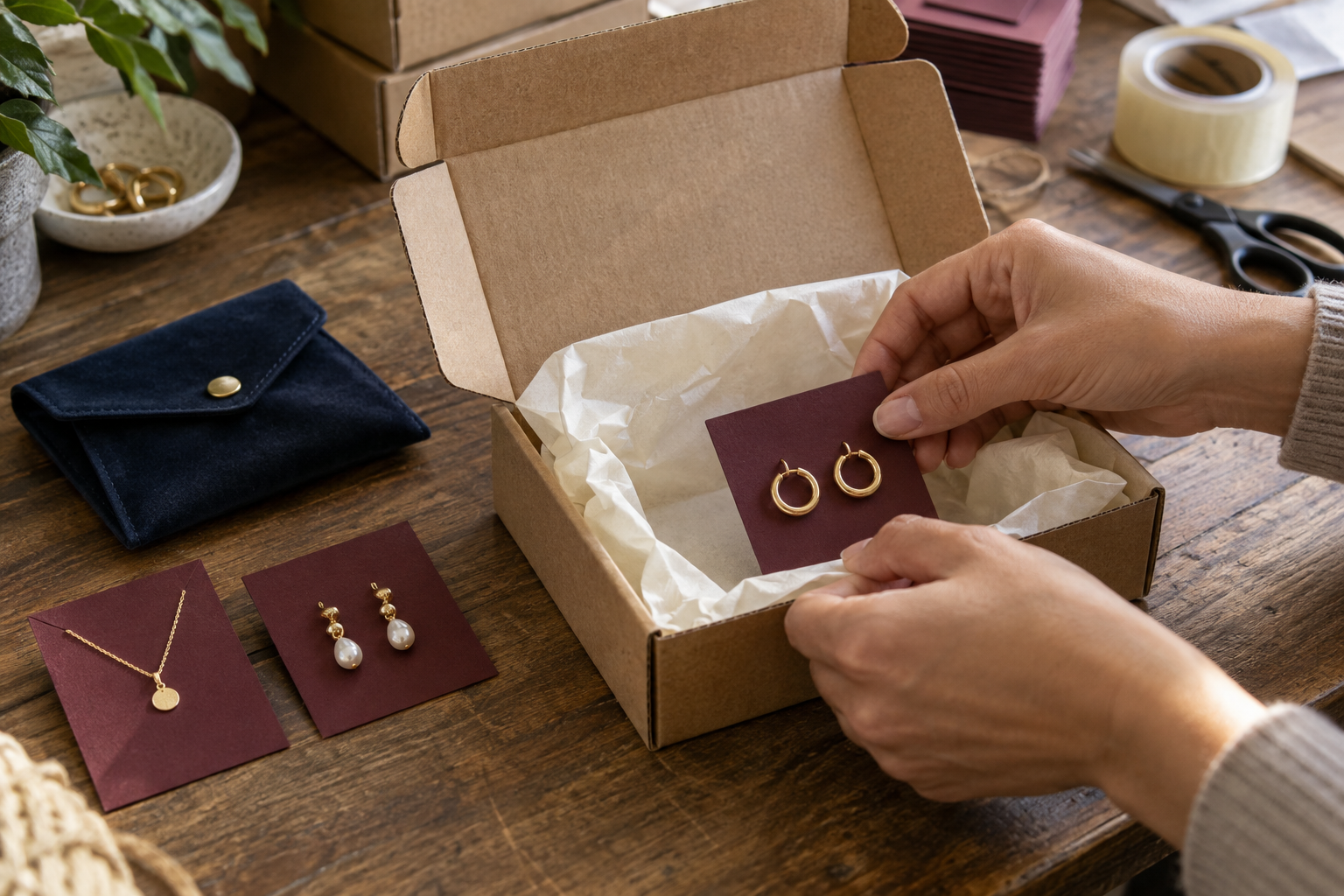 Illustrative private label earrings being packed on burgundy cards in protective cartons