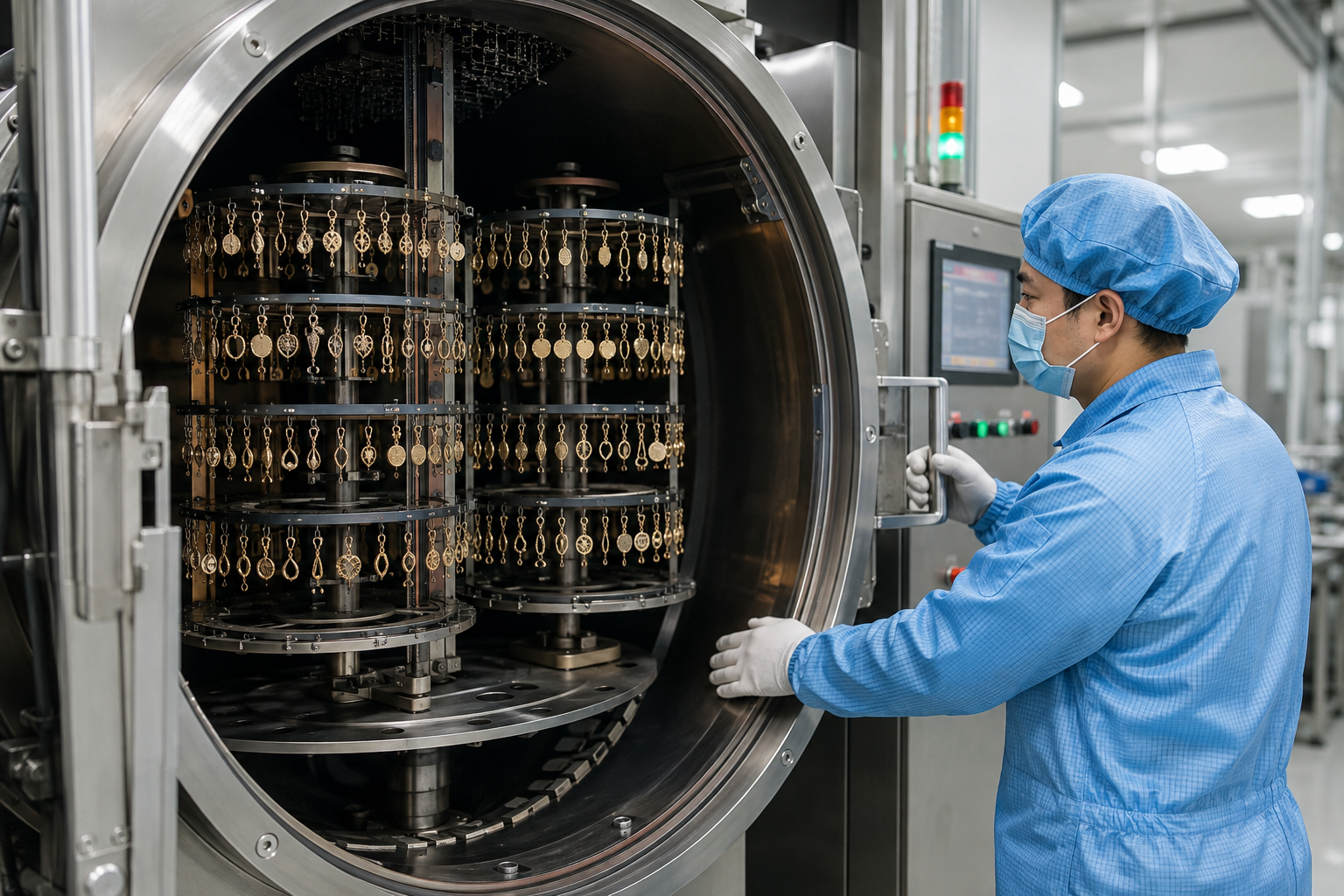 Illustrative PVD vacuum coating chamber with jewelry racks and a technician
