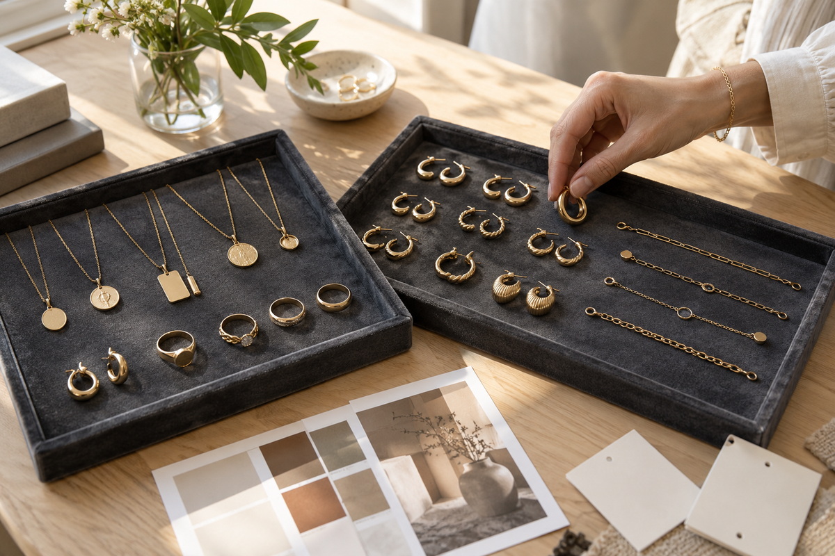 Illustrative private label jewelry selection with coordinated earrings, rings and necklaces